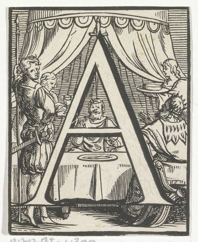 Letter A in een omlijsting met een voorstelling van mannen die een maaltijd nuttigen