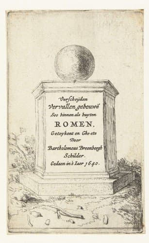 Titelblad met tekst op een voetstuk met bovenop een bol