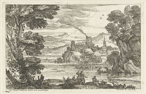 Landschap met hond aan waterkant