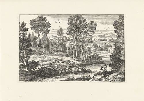 Landschap met zich haastende vrouw