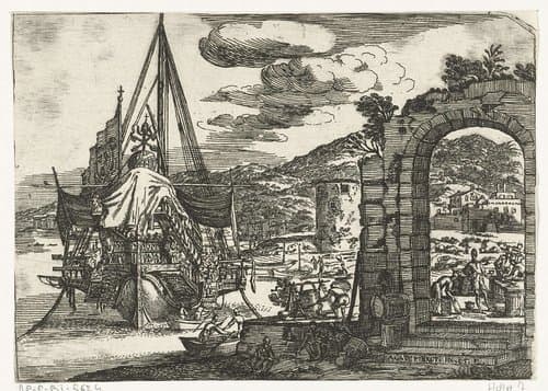 Pauselijk schip voor anker aan de kade van de haven van Messina