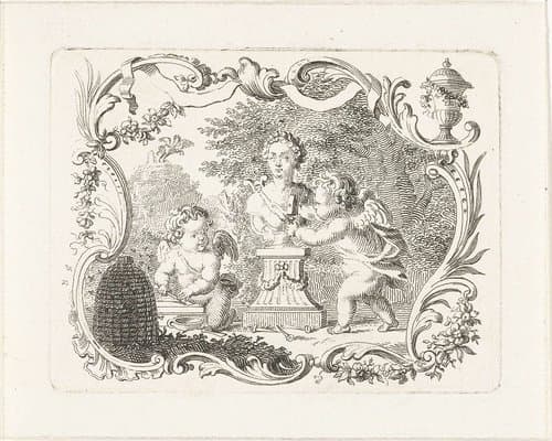 Twee putti met buste van Pan en bijenkorf in cartouche
