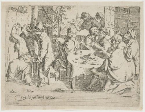 Drie bedelaars en een vrouw aan tafel in een herberg