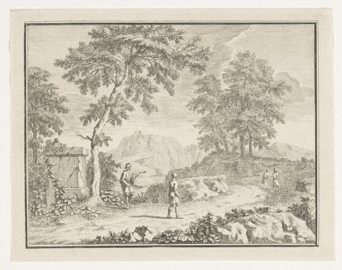 Arcadisch landschap met man die de weg wijst