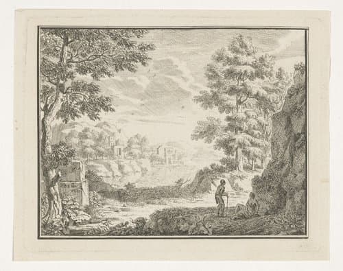 Arcadisch landschap met twee in de schaduw rustende reizigers