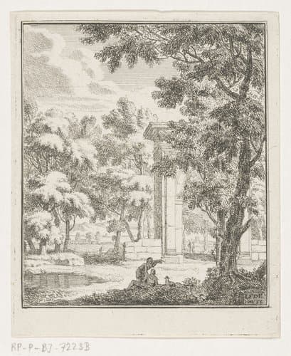 Arcadisch landschap met herders bij een stenen boog