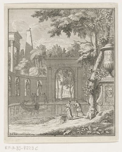 Arcadisch landschap met herders bij een beeldencolonnade