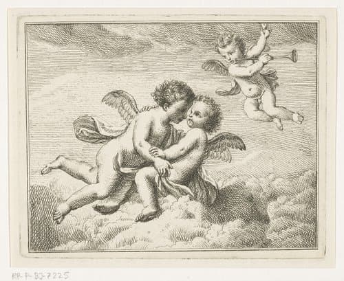Drie putti in de wolken, een met een bazuin