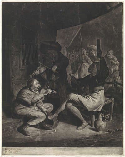 Musicerende mannen en een man die tabak aanbiedt