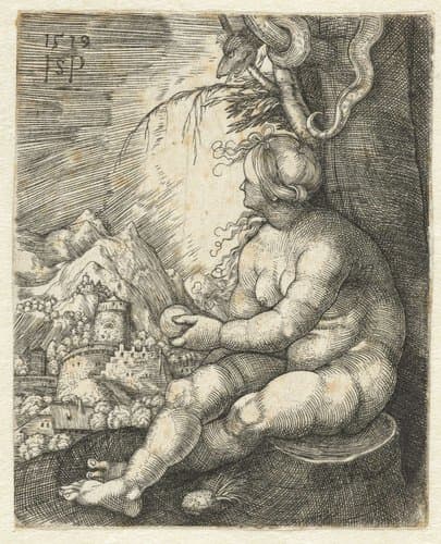 Eva zittend op boomstronk met een appel in haar hand