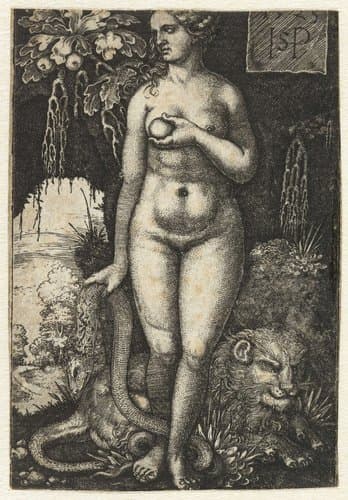 Eva met slang en appel en liggende leeuw