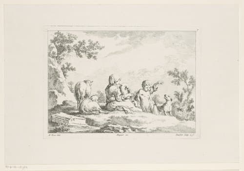 Vrouw met doedelzak en dansend kind omringd door schapen en een hond