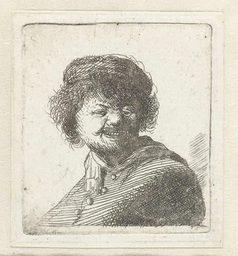 Zelfportret, lachend, met muts