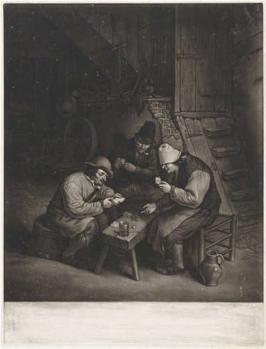 Herbergscène met drie kaartende boeren