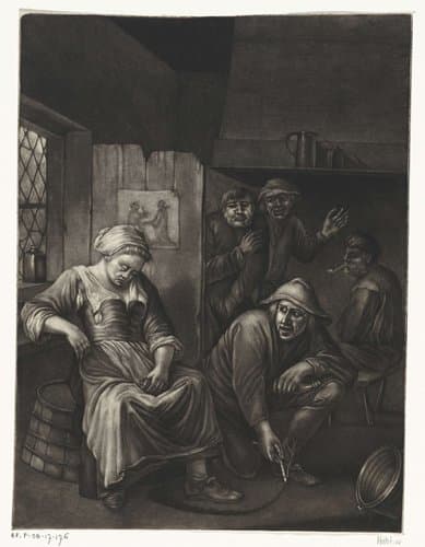 Slapende vrouw en een man met een lijn kruit