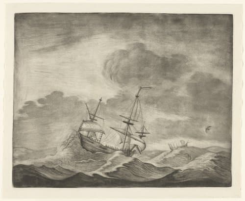 Zeegezicht met twee schepen in een storm