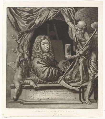 Zelfportret van Michiel van Musscher in allegorische omlijsting