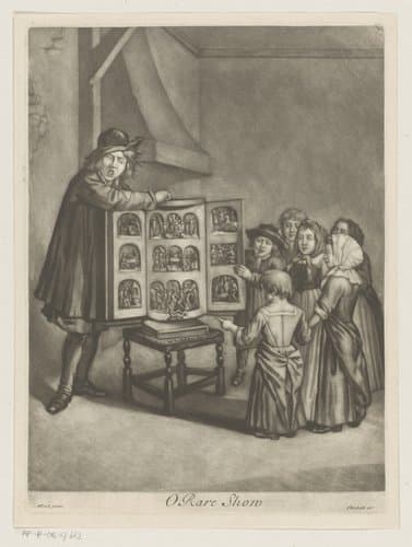 Zes kinderen rond een kijkkast