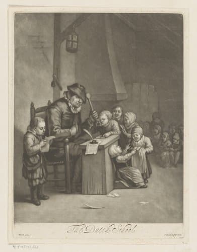 Schoolklas met zes kinderen staand bij de meester