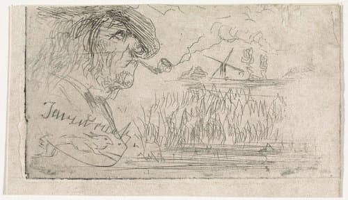 Studieblad met een pijprokende man en een landschap met molen