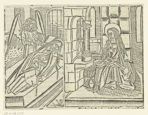 Engel verschijnt aan Jozef in een droom; Maria zittend met een boek