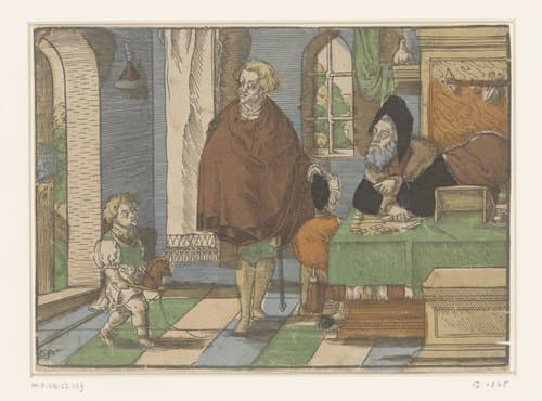 Interieur met een oude man, jongeman en kind met een stokpaard