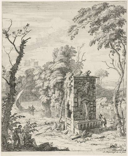 Landschap met een fontein en een rivier
