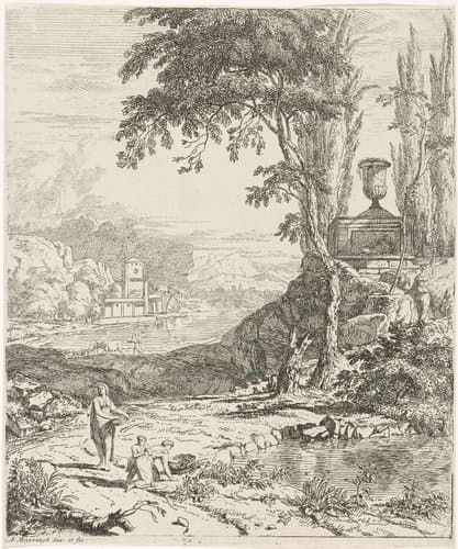 Landschap met bloemenplukkende vrouwen