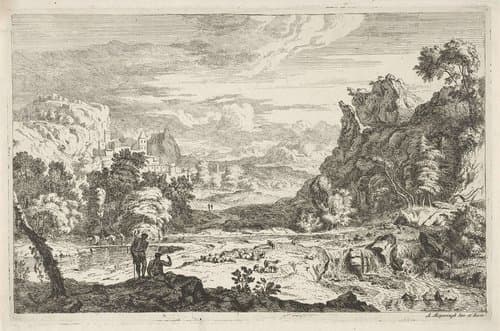 Landschap met herders bij een waterval