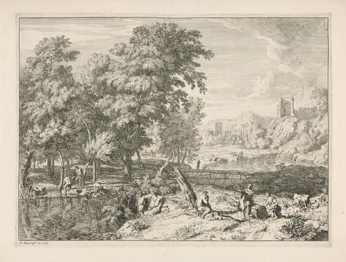 Landschap met badende mensen