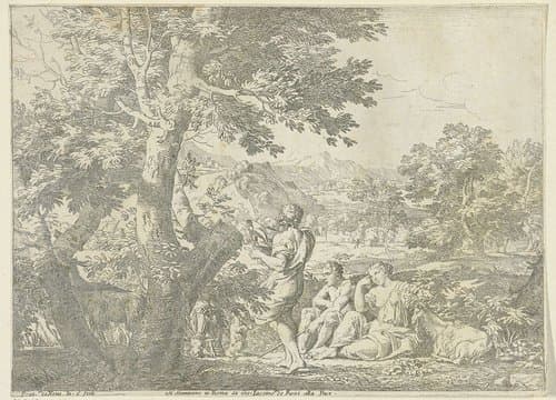 Landschap met herders en een hond