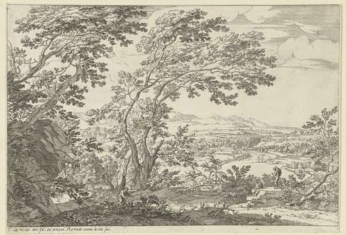 Landschap met herders met een kudde schapen