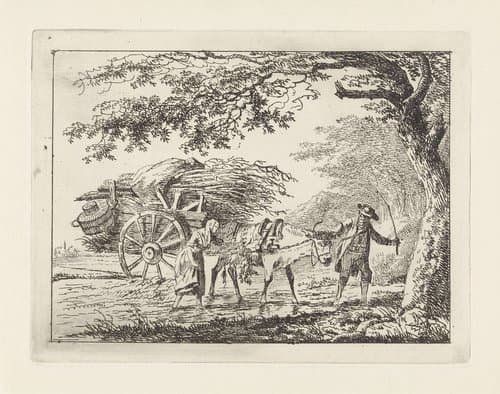 Man en een vrouw bij een volgeladen ossenkar