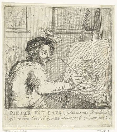 Portret van schilder Pieter van Laer bij schildersezel