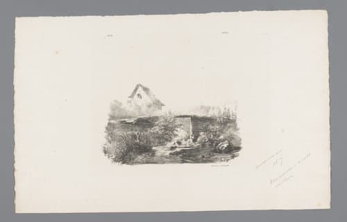 Landschap met beek en huis