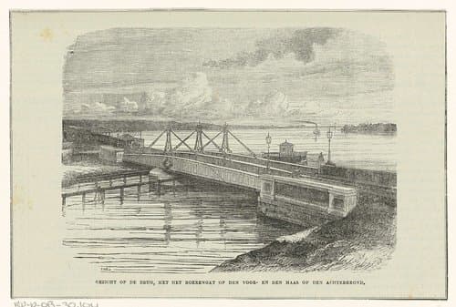 Gezicht op de brug, met het boerengat op den voor- en den Maas op den achtergrond