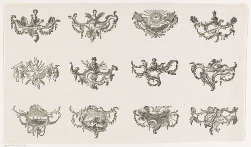 Twaalf ornamenten met allegorische objecten en figuren