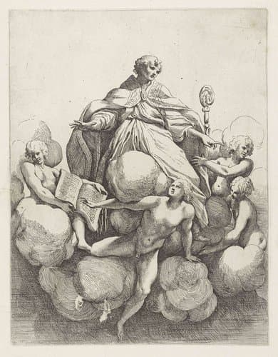 Bisschop ten hemel stijgend en omringd door vier engelen