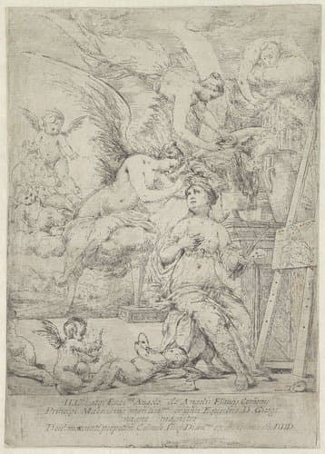 Schilderende vrouw tussen engelen (personificatie van de schilderkunst)