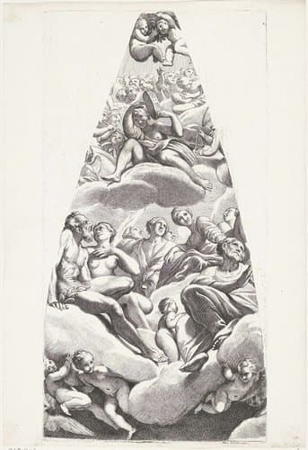 Adam en Eva met heiligen gezeten op een wolk