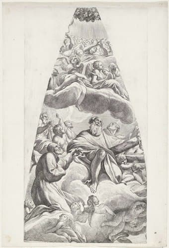 De heilige Andreas Avellinus en een geknielde heilige gezeten op een wolk