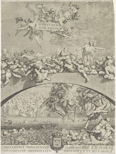 Vechtpartij op brug in Venetië (midden deel spiegelbeeldig)