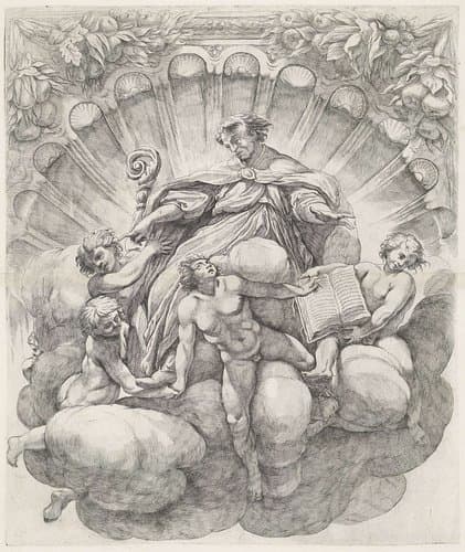 Bisschop omgeven door zes engelen