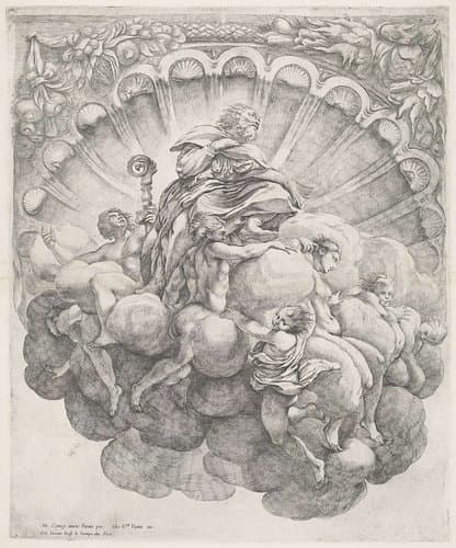 Bisschop omgeven door zeven engelen