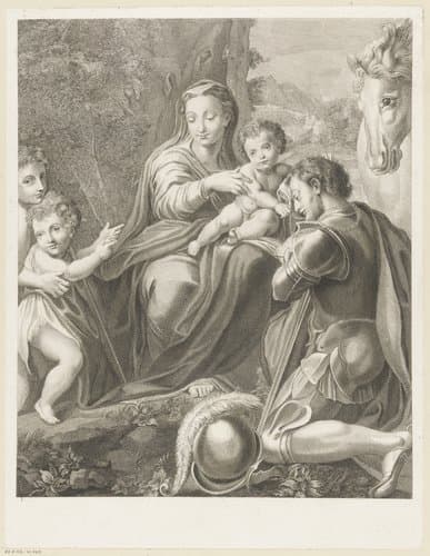 Heilige Joris geknield voor Madonna met kind en Johannes de Doper