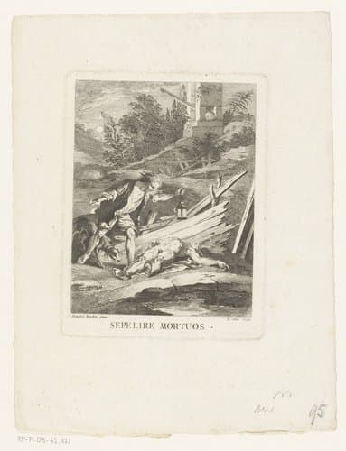 Man met een lantaarn en hond ontdekt een lijk in een landschap