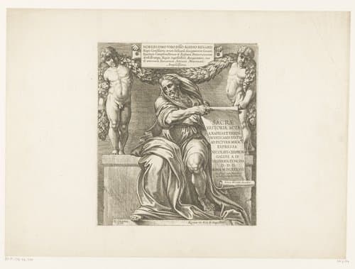 Titelprent met de profeet Jesaja met papierrol en twee putti