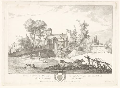 Landschap aan de rand van een dorp, op de voorgrond twee koeien