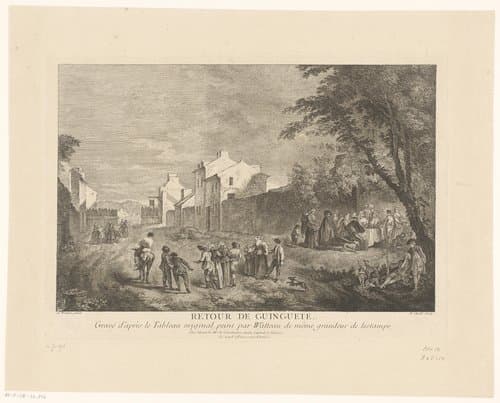 Figuren naar een dorp terugkerend met rechts een banket