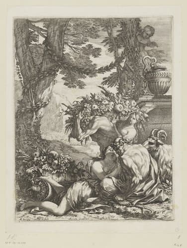 Pan met bacchante en vruchtenkorfdragers